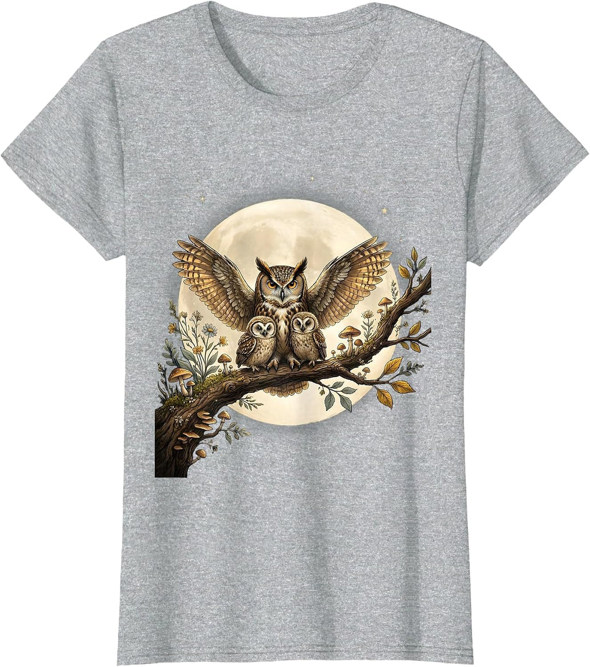 Women's Mother Owl and Owlets Full Moon Night Design T-Shirt - Heather Grey
