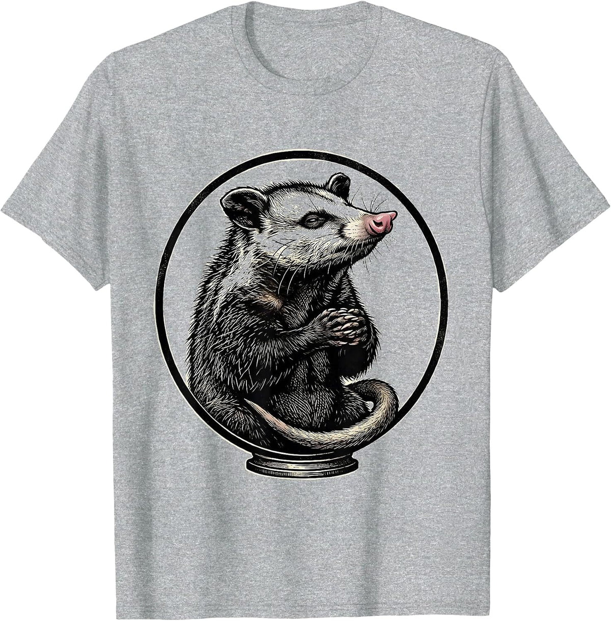 Men's Ceremonial Opossum Woodcut Engraving Animal Meme Humor T-Shirt - Heather Grey