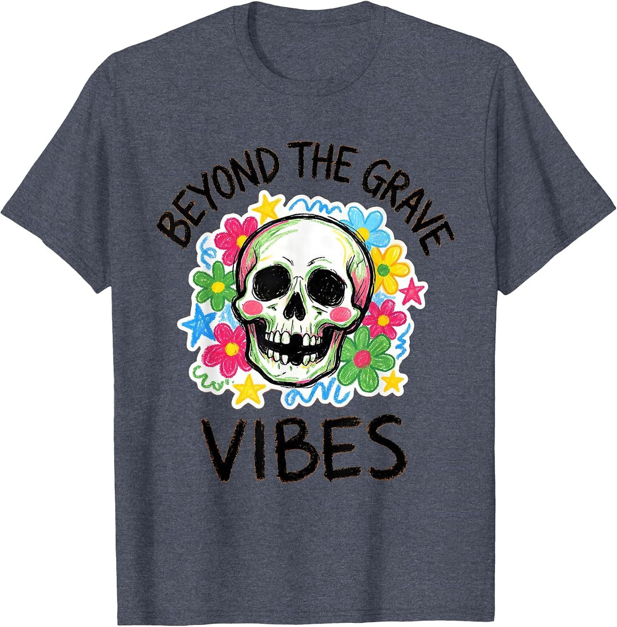 Beyond the Grave Vibes Skull Graphic Design T-Shirt - Heather Blue