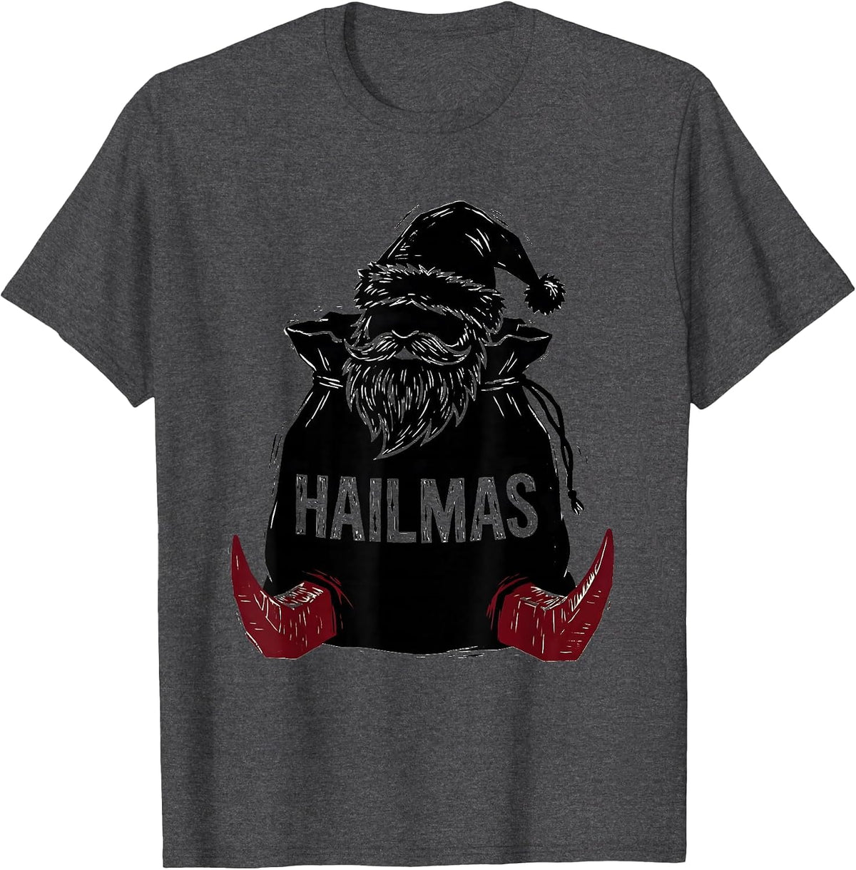 Hailmas Linocut Heavy Metal Santa Claus Rock On Christmas T-Shirt - Dark Heather Grey