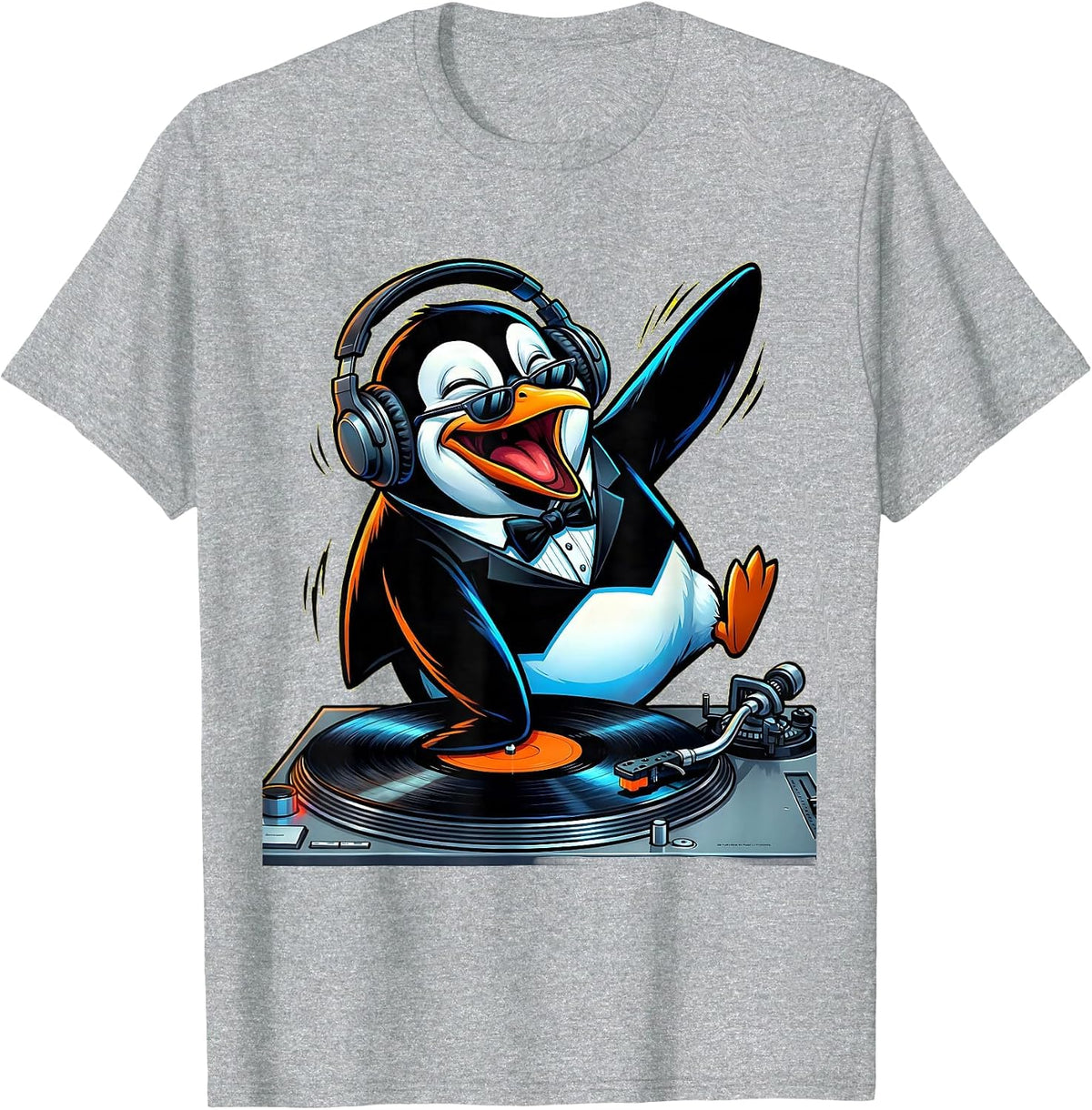 Men's Penguin DJ Spinning Records Turntable Graphic T-Shirt - Heather Grey