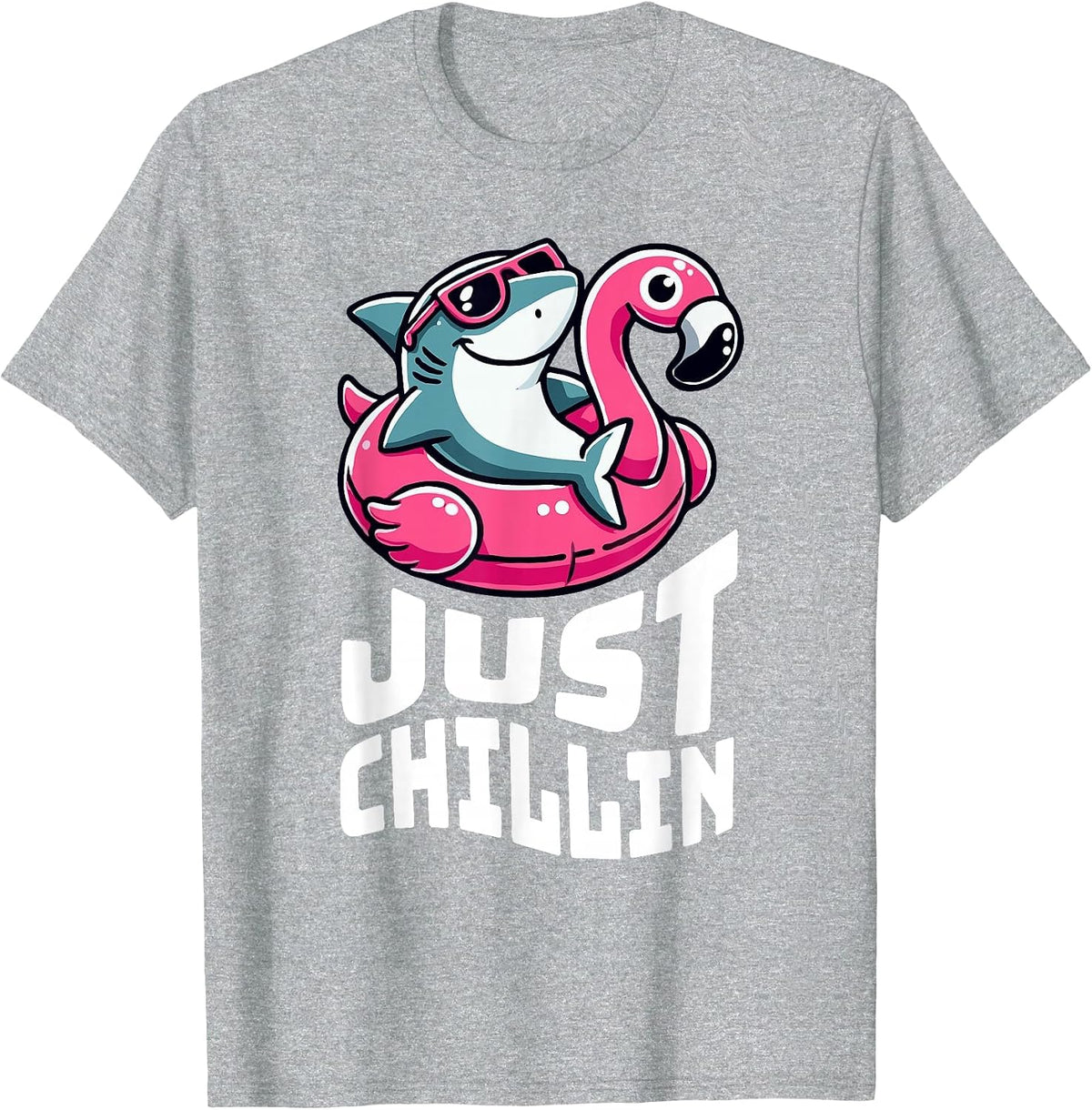 Funny Shark Just Chillin on Flamingo Float T-Shirt - Heather Grey