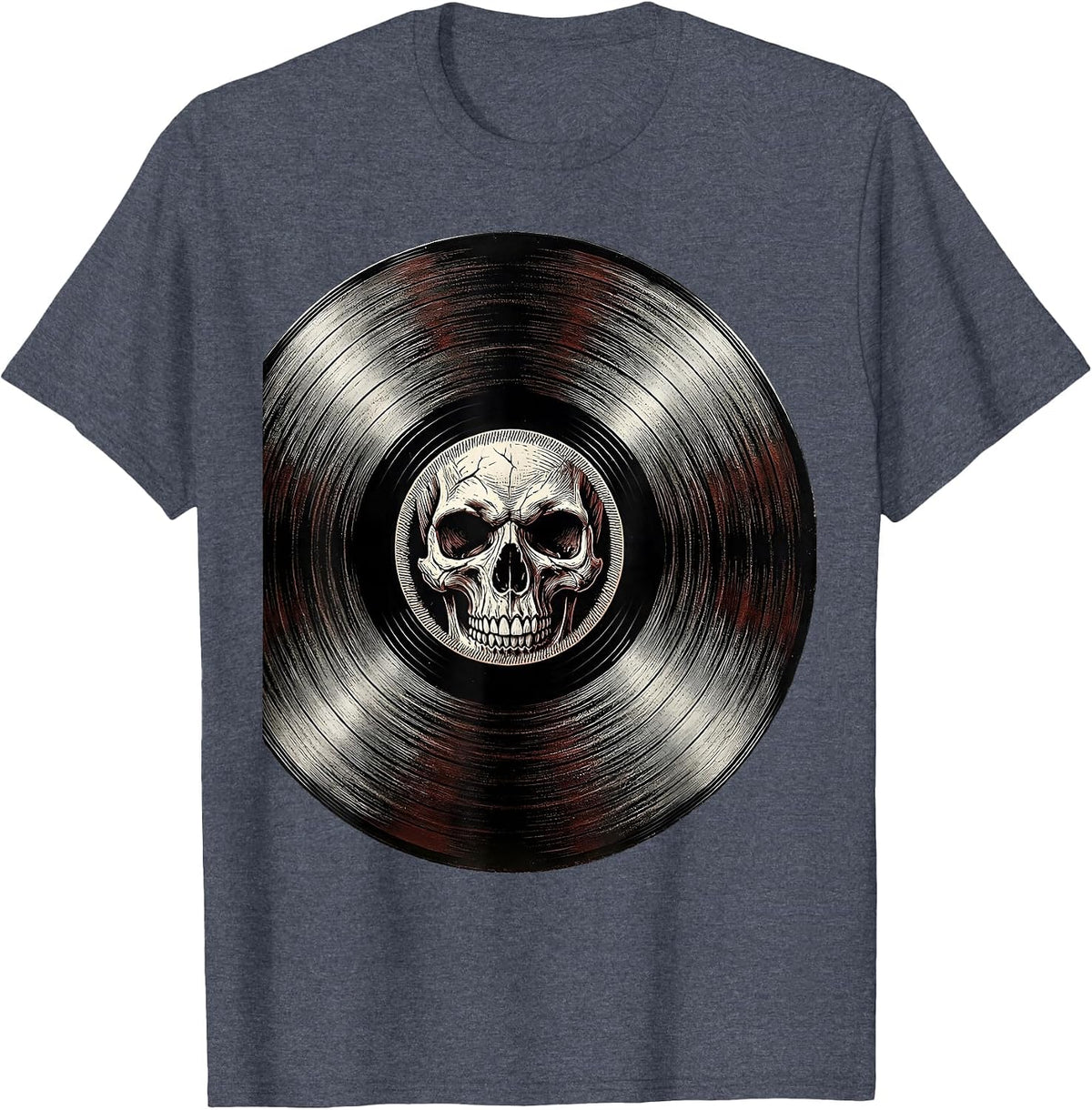 Skull Vinyl Record Rock Music Graphic Tee T-Shirt - Heather Blue