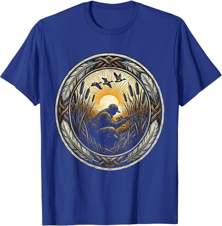 Duck Camo Hunter Crouched in Reed Blind T-Shirt - Royal Blue