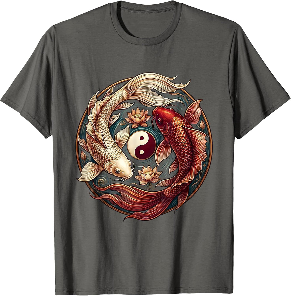 Men's Koi Fish Yin Yang Symbol Spiritual Balance Design T-Shirt - Asphalt Grey