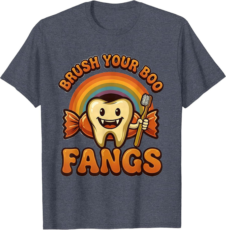 Brush Your Boo Fangs Retro 70s Dental Halloween Dentist Pun T-Shirt - Heather Blue