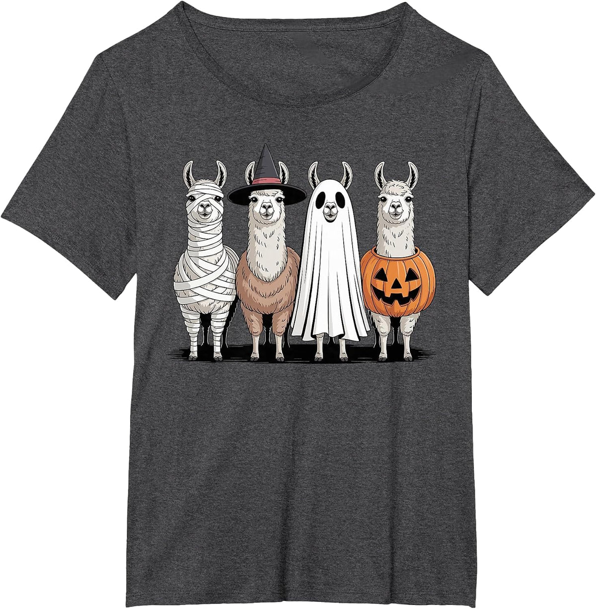 Spooky Ghost Llama Pumpkin Halloween Skeleton T-Shirt - Dark Heather Grey