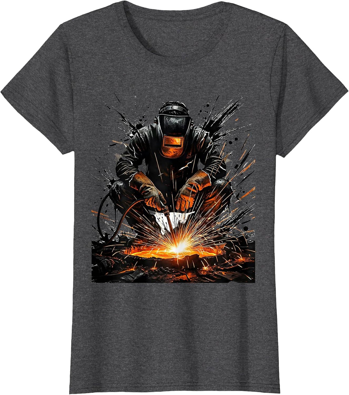 Women's Welder Crouched Over Glowing Weld Pool Graphic T-Shirt - Dark Heather Grey