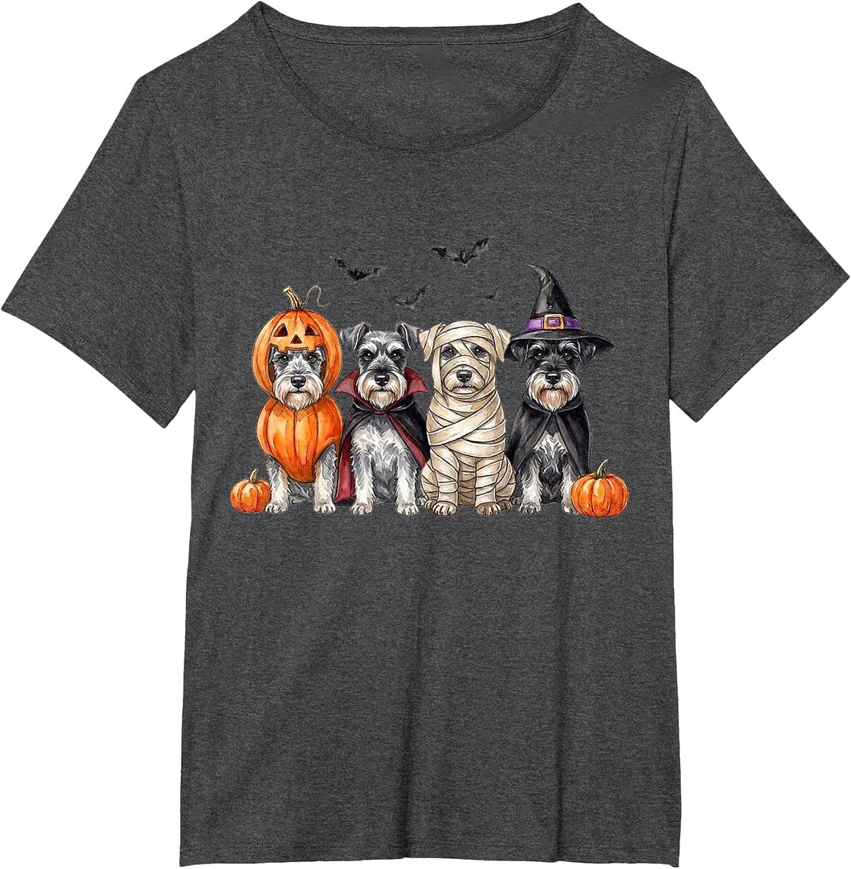 Halloween Schnauzer Squad Pumpkin Vampire Mummy Witch Dog T-Shirt - Dark Heather Grey
