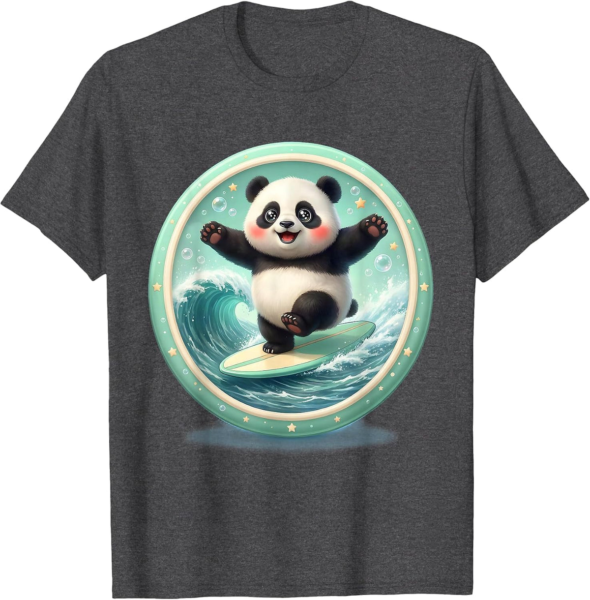 Panda Surfer Riding Massive Green Wave T-Shirt - Dark Heather Grey