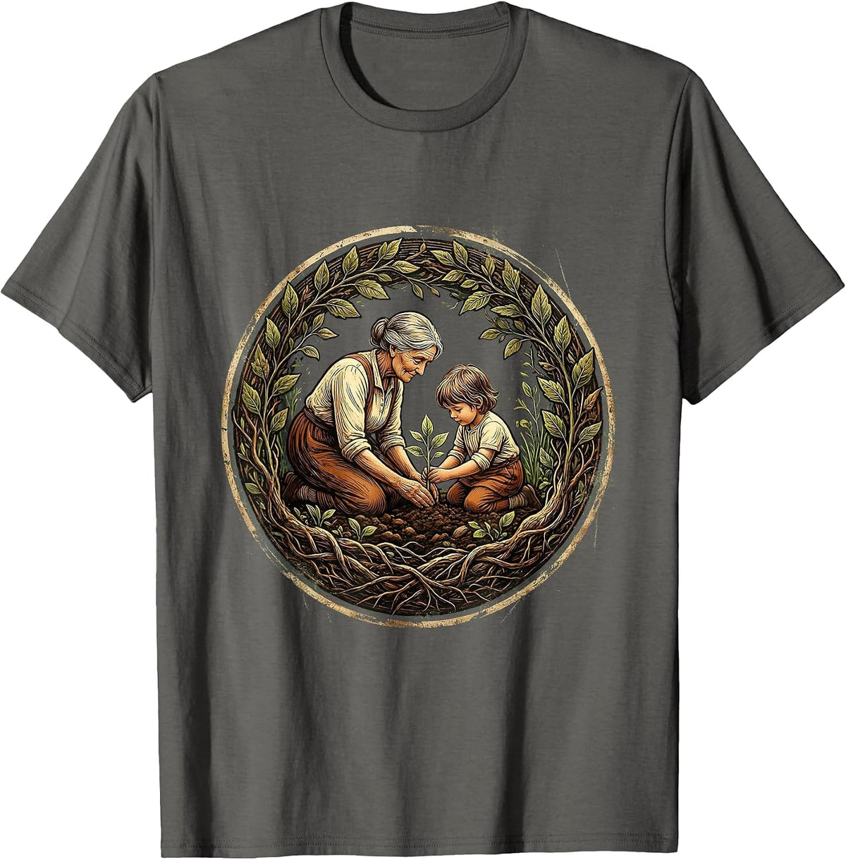 Nana Gardening With Grandchild Illustration T-Shirt - Asphalt Grey