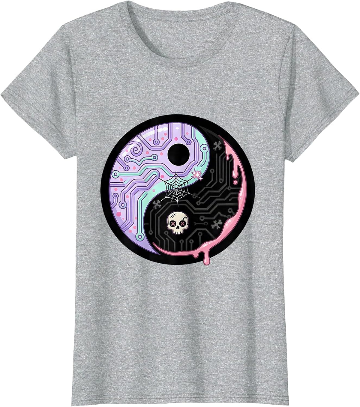 Y2K Circuit Board Yin Yang Graphic Tee T-Shirt - Heather Grey