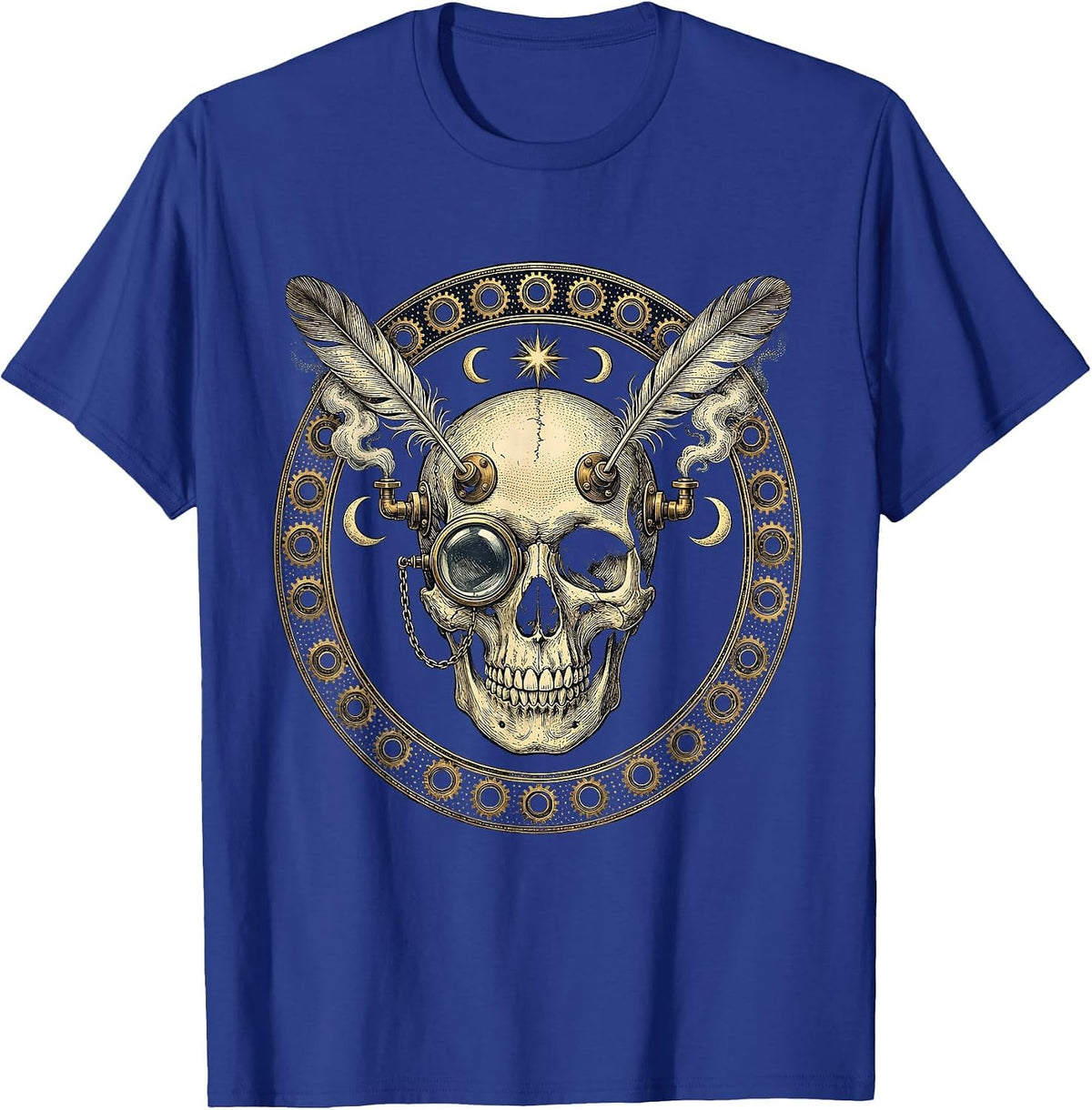 Steampunk Skull Monocle Steam Vent Gothic Art T-Shirt - Royal Blue