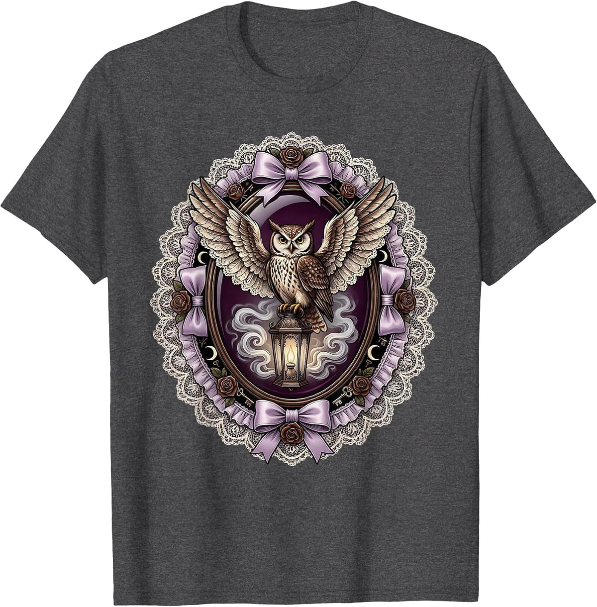 Men's Owl on Glowing Lantern Halloween Fog Design T-Shirt - Dark Heather Grey