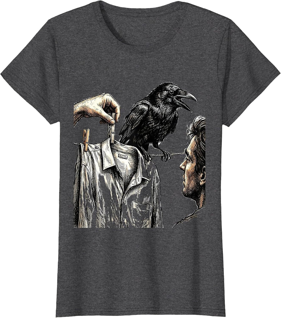 Women's Frozen Crow Clothespin Dark Humor Bird Lover T-Shirt - Dark Heather Grey