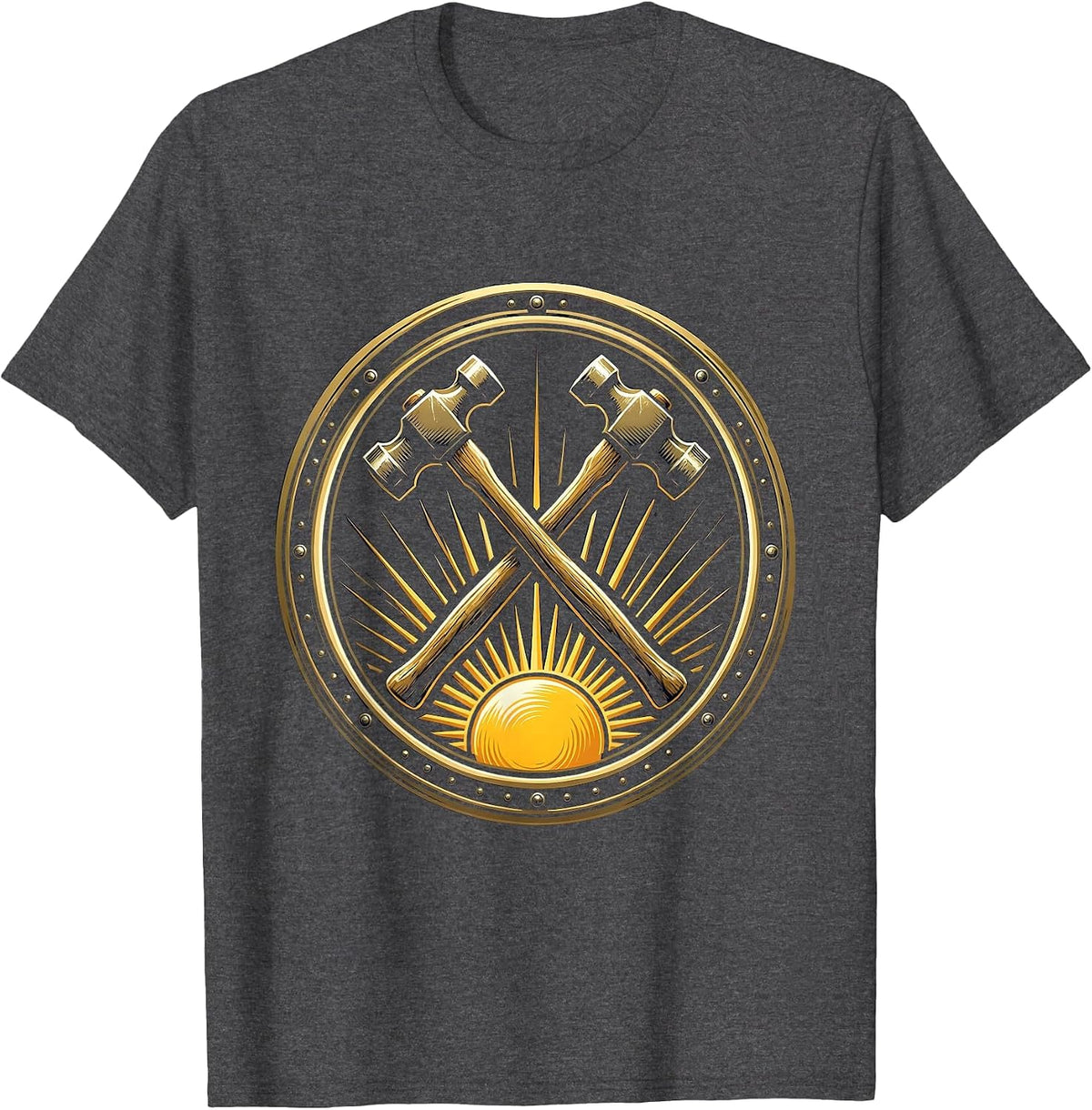 Labor Day Crossed Hammers Rising Sun Graphic T-Shirt - Dark Heather Grey
