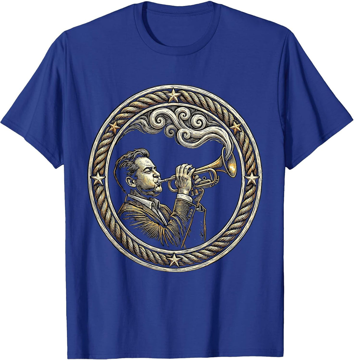 Cuban Trumpet Player with Smoke Swirls Art T-Shirt - Royal Blue