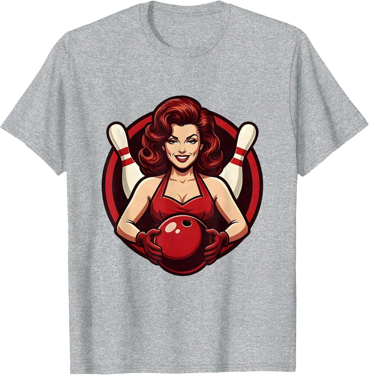 Men's Retro Pin-Up Bowling Illustration Design T-Shirt - Heather Grey