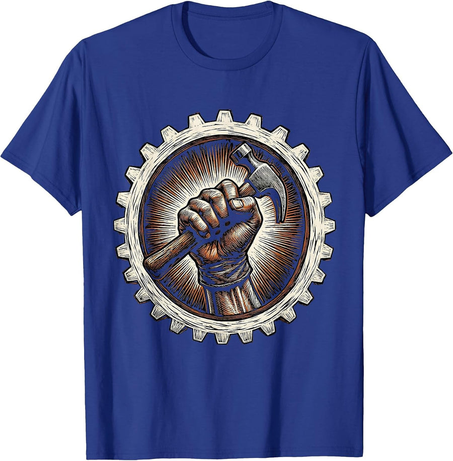 Blue Collar Raised Fist Hammer Graphic T-Shirt - Royal Blue