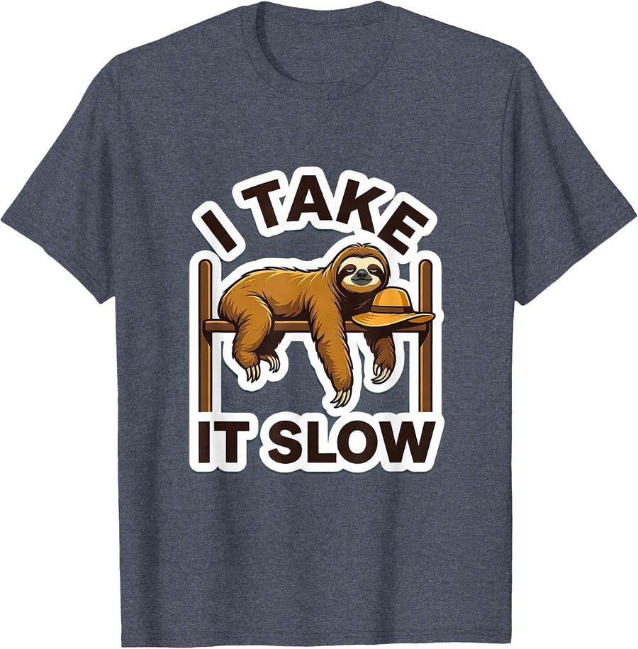 I Take It Slow Funny Sloth Lover Animal Humor Gift T-Shirt - Heather Blue