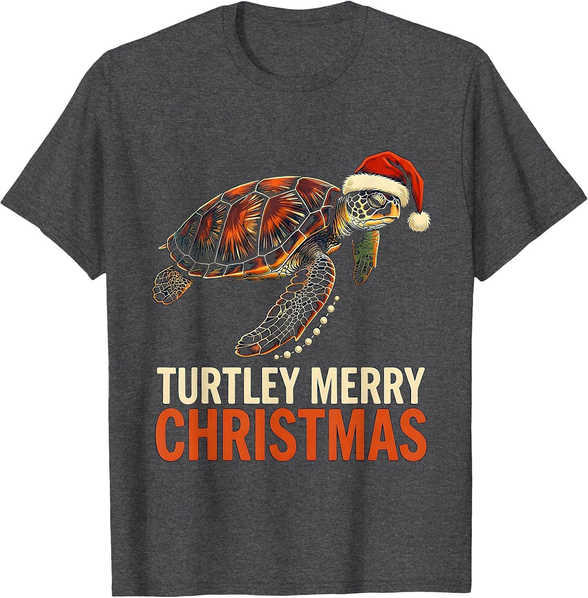 Turtley Merry Christmas Linocut Sea Turtle Lover Holiday T-Shirt - Dark Heather Grey