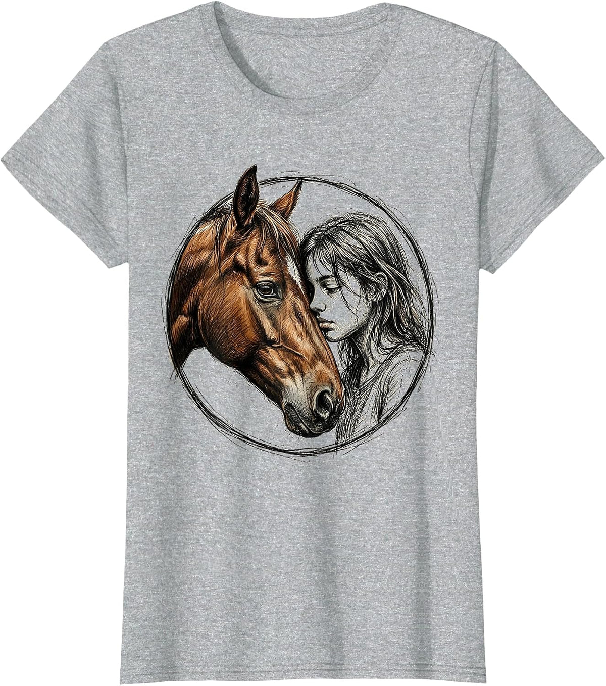 Girl Whispering to Chestnut Horse Illustration T-Shirt - Heather Grey