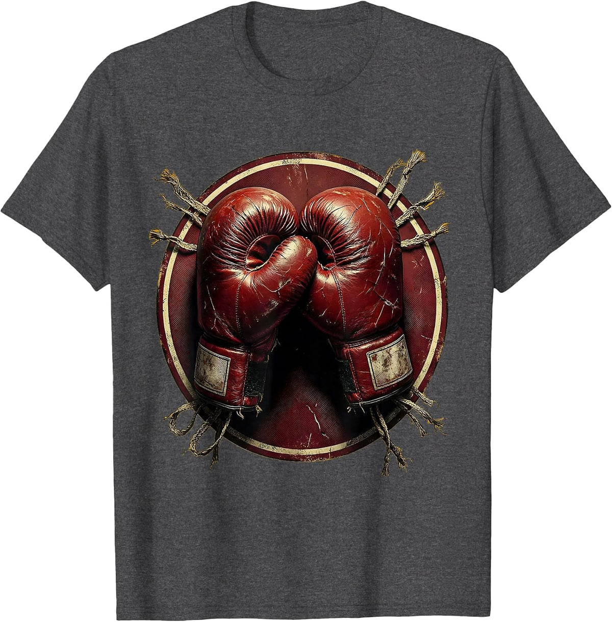Worn Leather Boxing Gloves Crossed Illustration T-Shirt - Dark Heather Grey