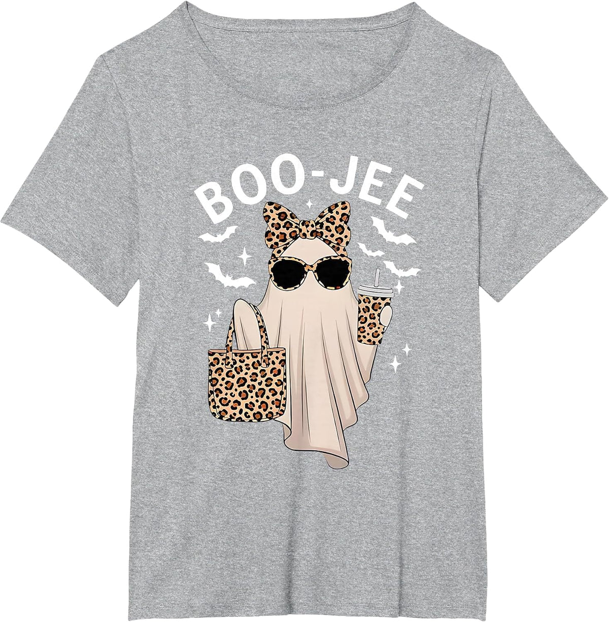 Boo-JEE Ghost Halloween Women Boo JEE Leopard Spooky Season T-Shirt - Heather Grey