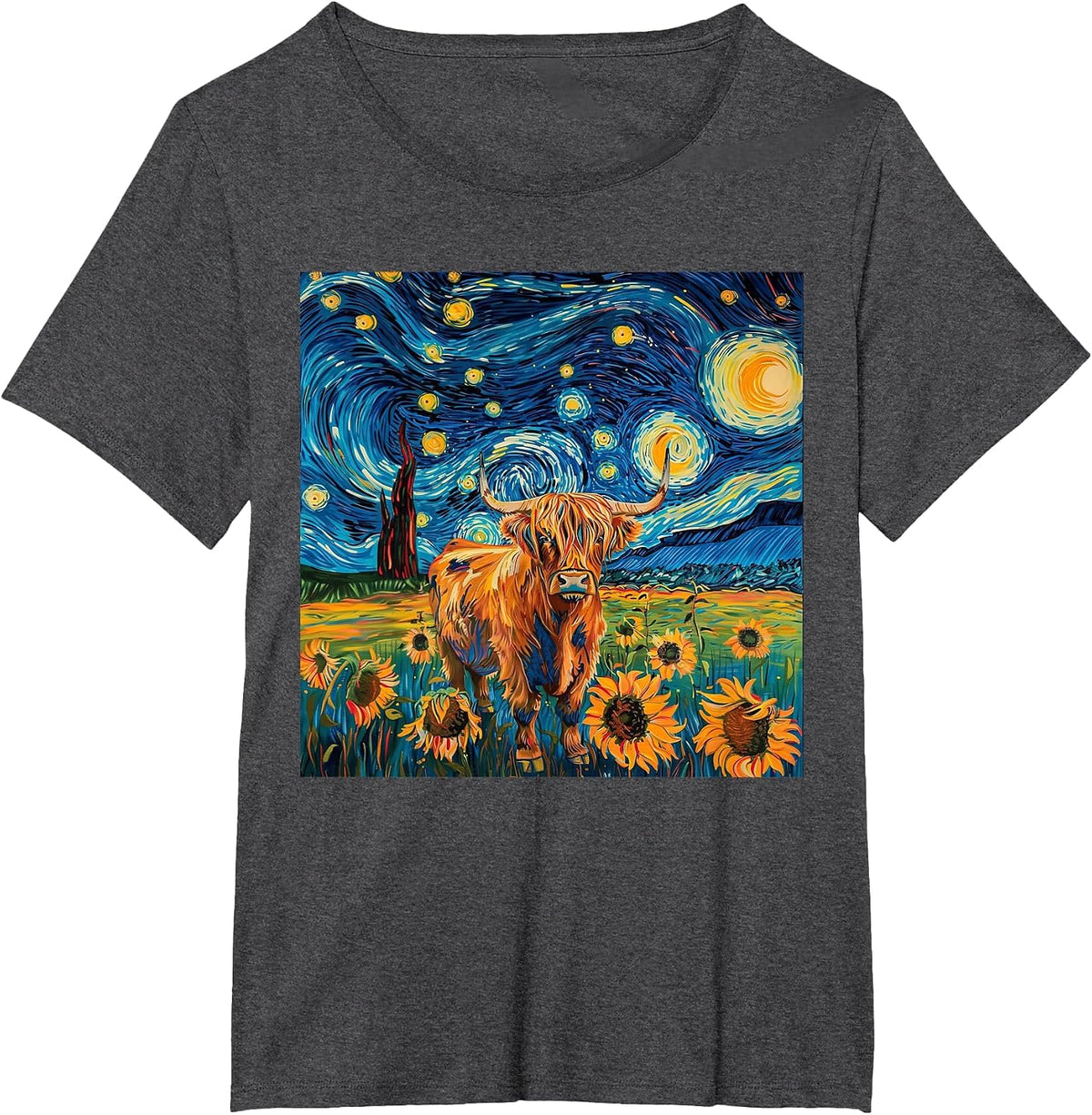 Aesthetic Scottish Highland Cow with Sunflowers Starry Night T-Shirt - Dark Heather Grey