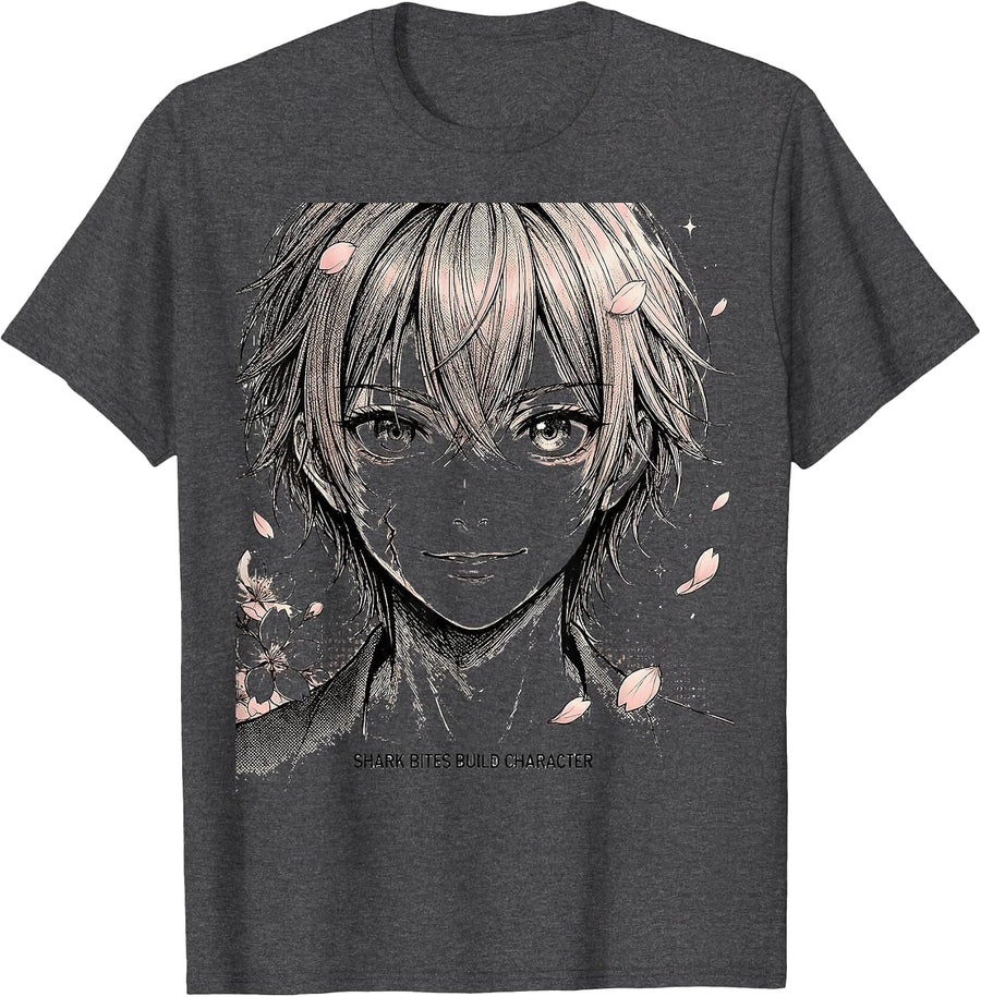 Men's Shark Bites Build Character Funny Ocean Design T-Shirt - Dark Heather Grey
