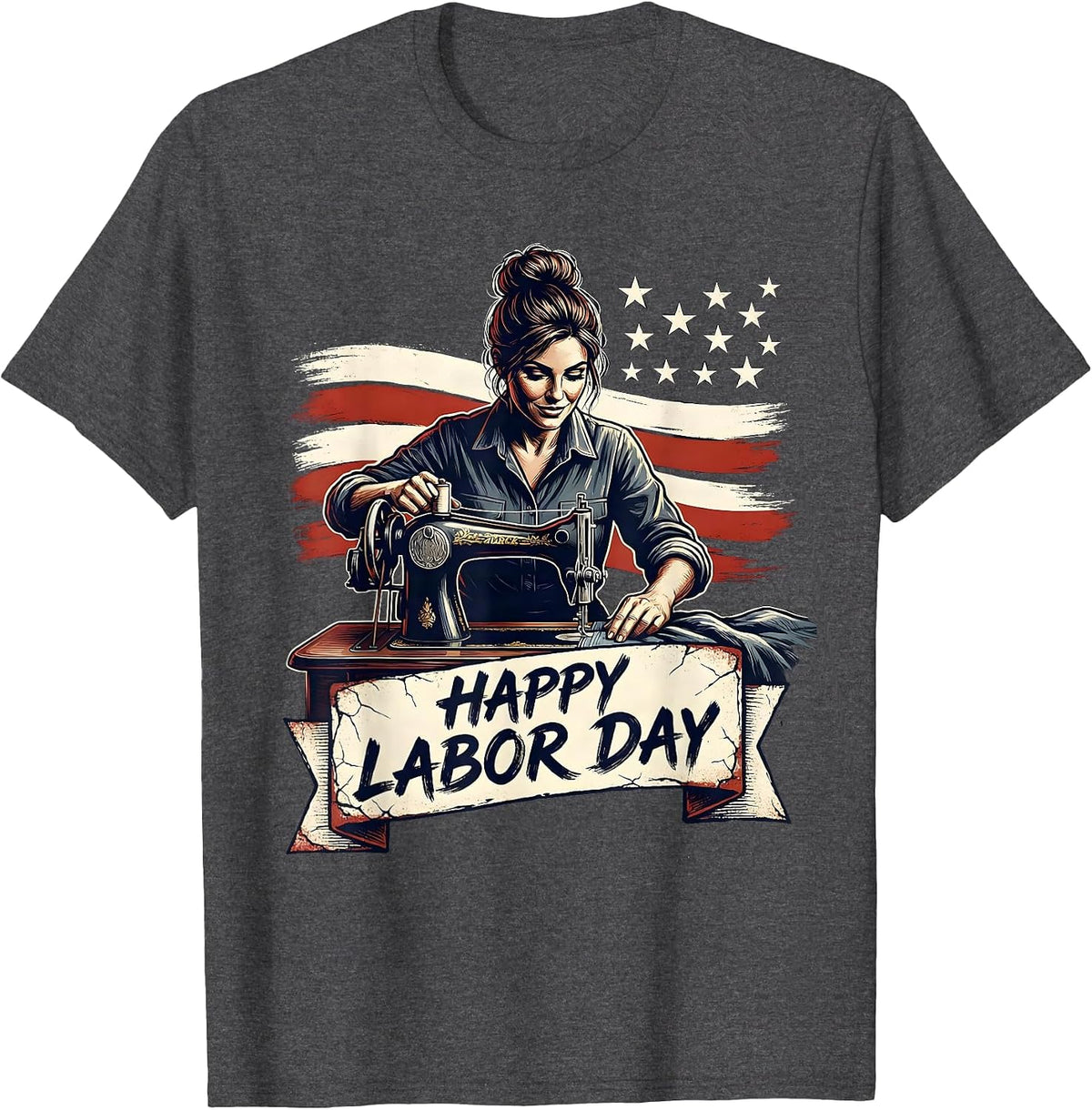 Men's Happy Labor Day Distressed Patriotic Woman Messy Bun Labor T-Shirt - Dark Heather Grey
