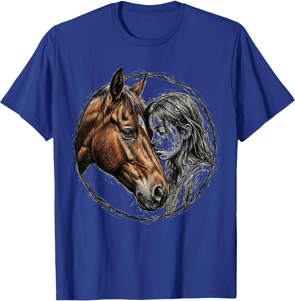 Girl Whispering to Chestnut Horse Illustration T-Shirt - Royal Blue