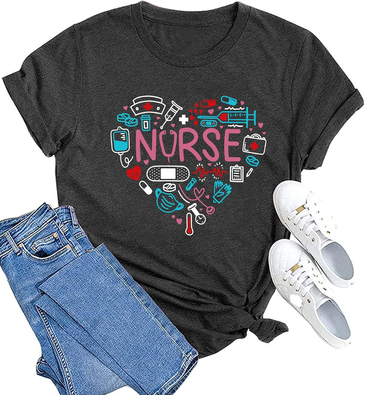 Women Nurse Life Shirt Nurse Letter Print Tee Tops Nurse Day Gifts Shirts Inspirational Short Sleeve - Grey