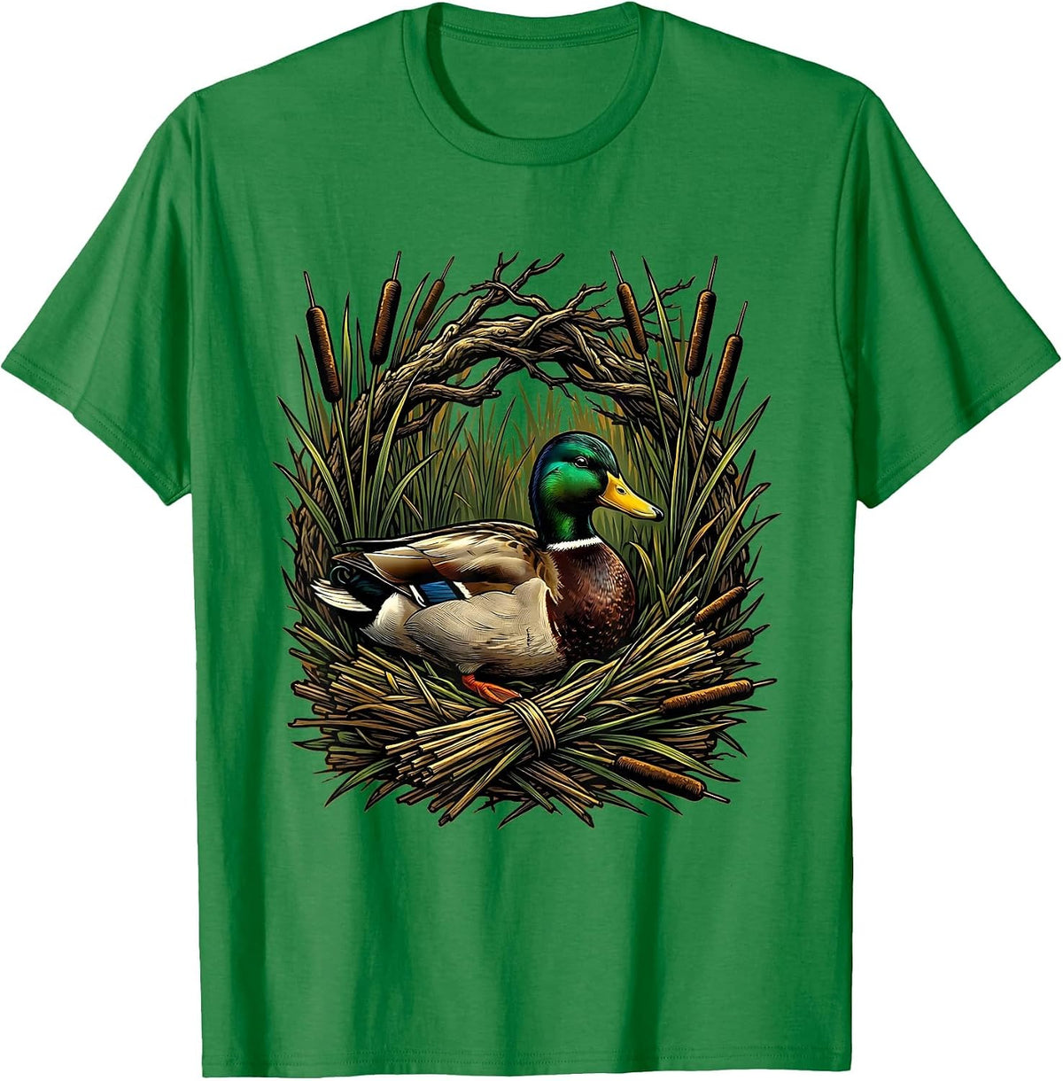 Men's Camo Duck Blind Cattails Hunting Illustration T-Shirt - Kelly Green