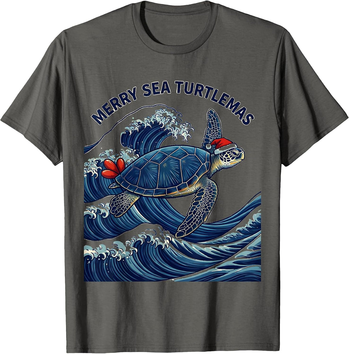 Men's Merry Sea Turtlemas Ukiyo-e Santa Hat Sea Turtle Lover T-Shirt - Asphalt Grey