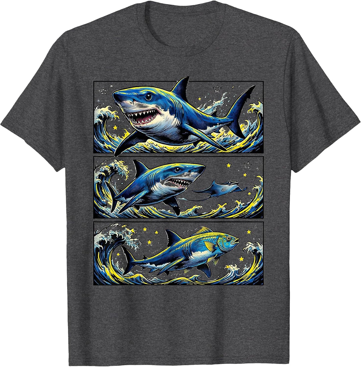 Men's Comic Blue Shark Parade Ocean Wildlife Humor T-Shirt - Dark Heather Grey