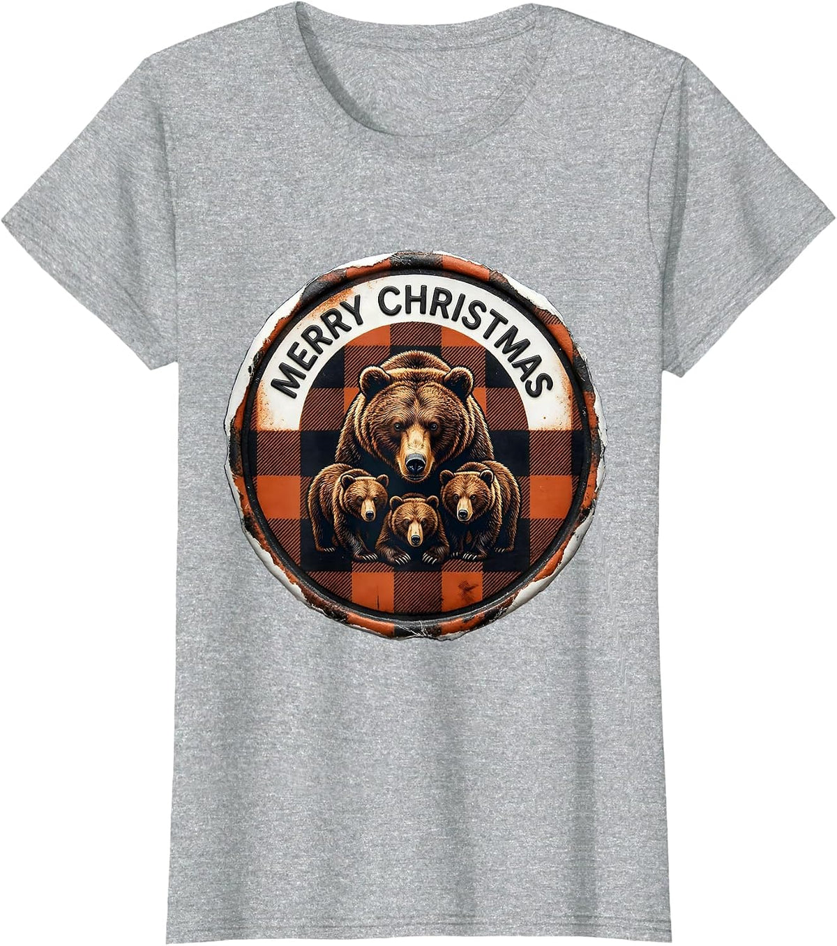 Merry Christmas Rubber Stamp Bear Family Buffalo Plaid T-Shirt - Heather Grey