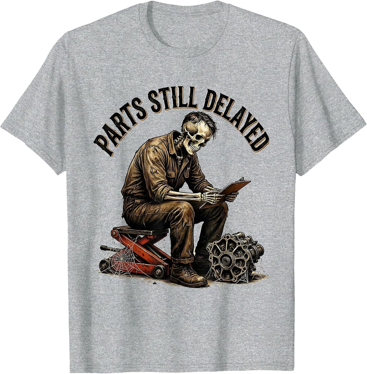 Men's PARTS STILL DELAYED Vintage Mechanic Skeleton Auto Repair T-Shirt - Heather Grey