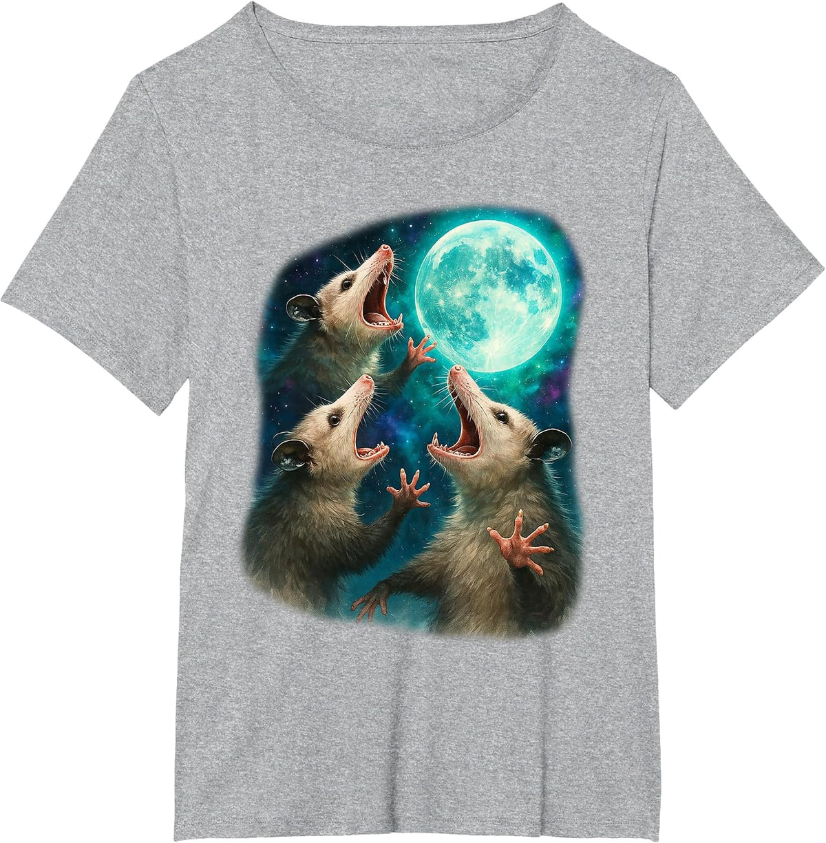 Three Possum Moon Funny Weird Cursed Meme 3 Opossums Howl T-Shirt - Heather Grey