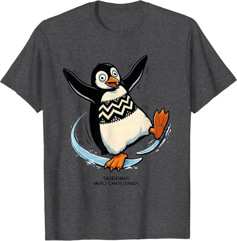 Men's Skidding Into Christmas Funny Ugly Christmas Penguin Novelty T-Shirt - Dark Heather Grey