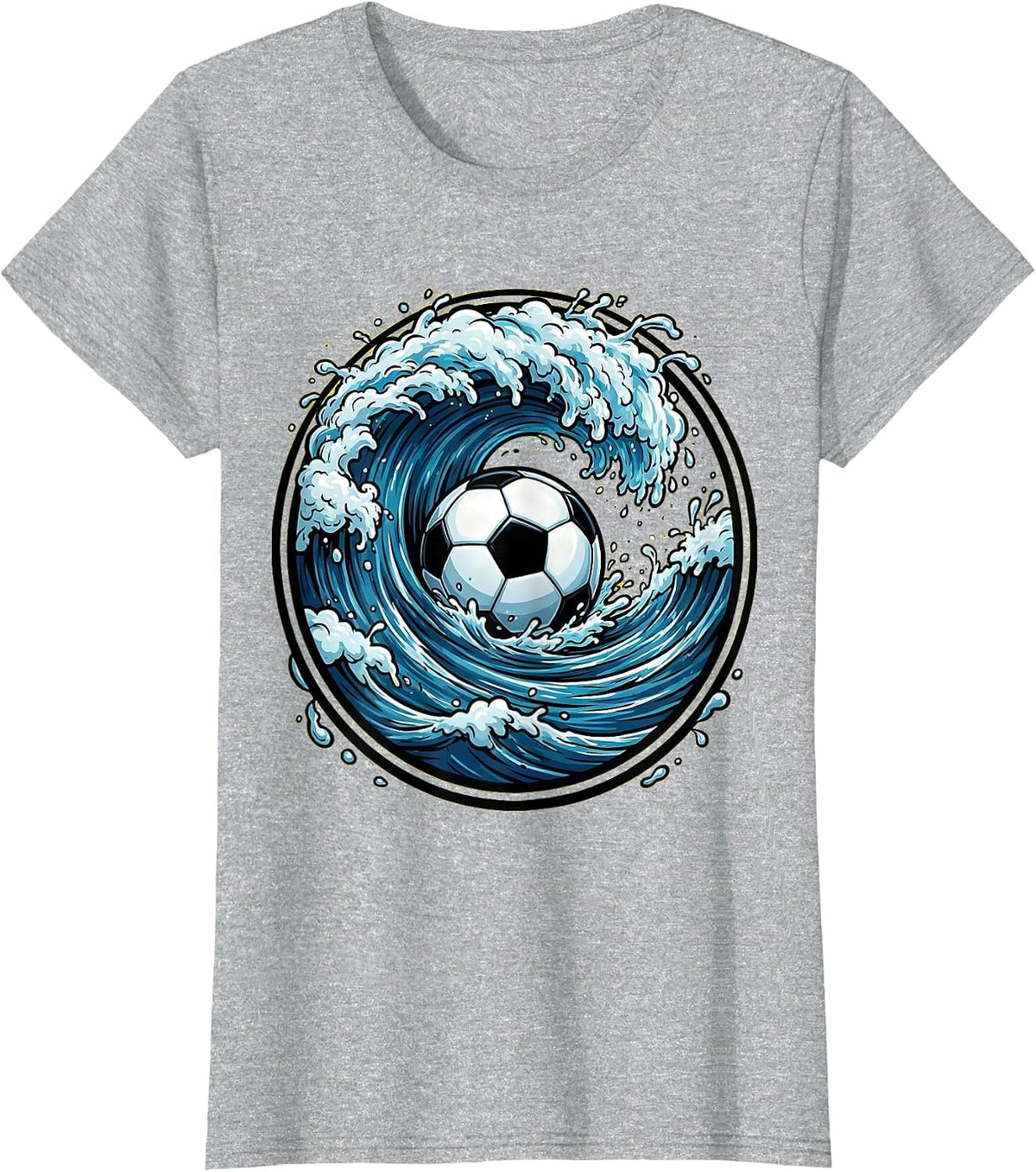 Giant Wave Curling Around Soccer Ball Art T-Shirt - Heather Grey