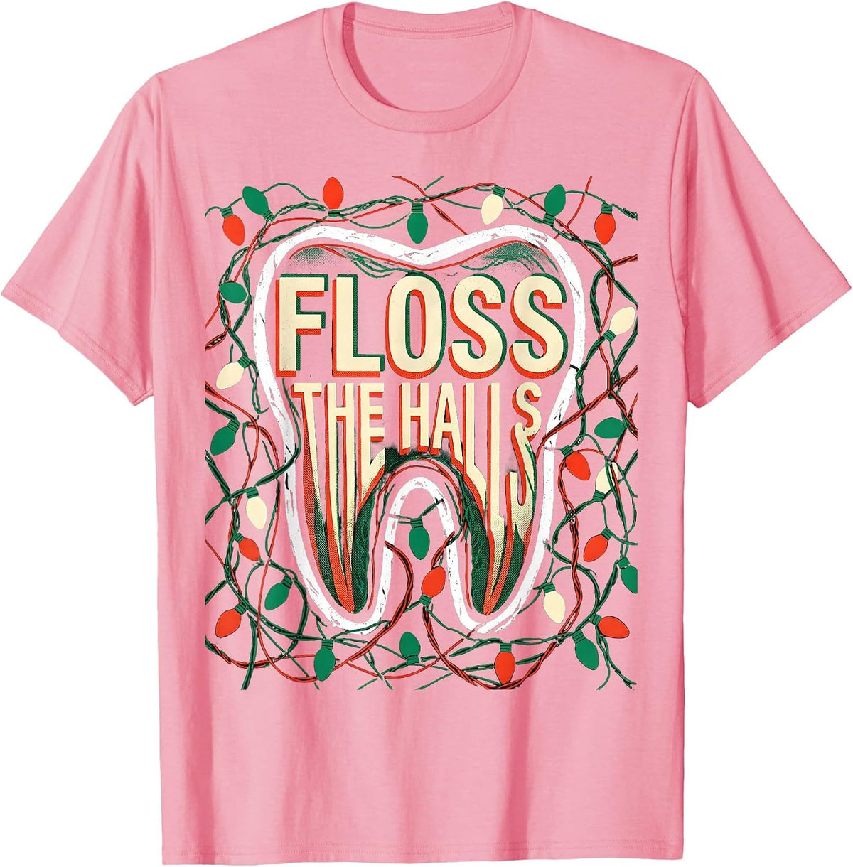 Men's Floss the Halls Risograph Funny Dentist Dental Hygienist T-Shirt - Pink