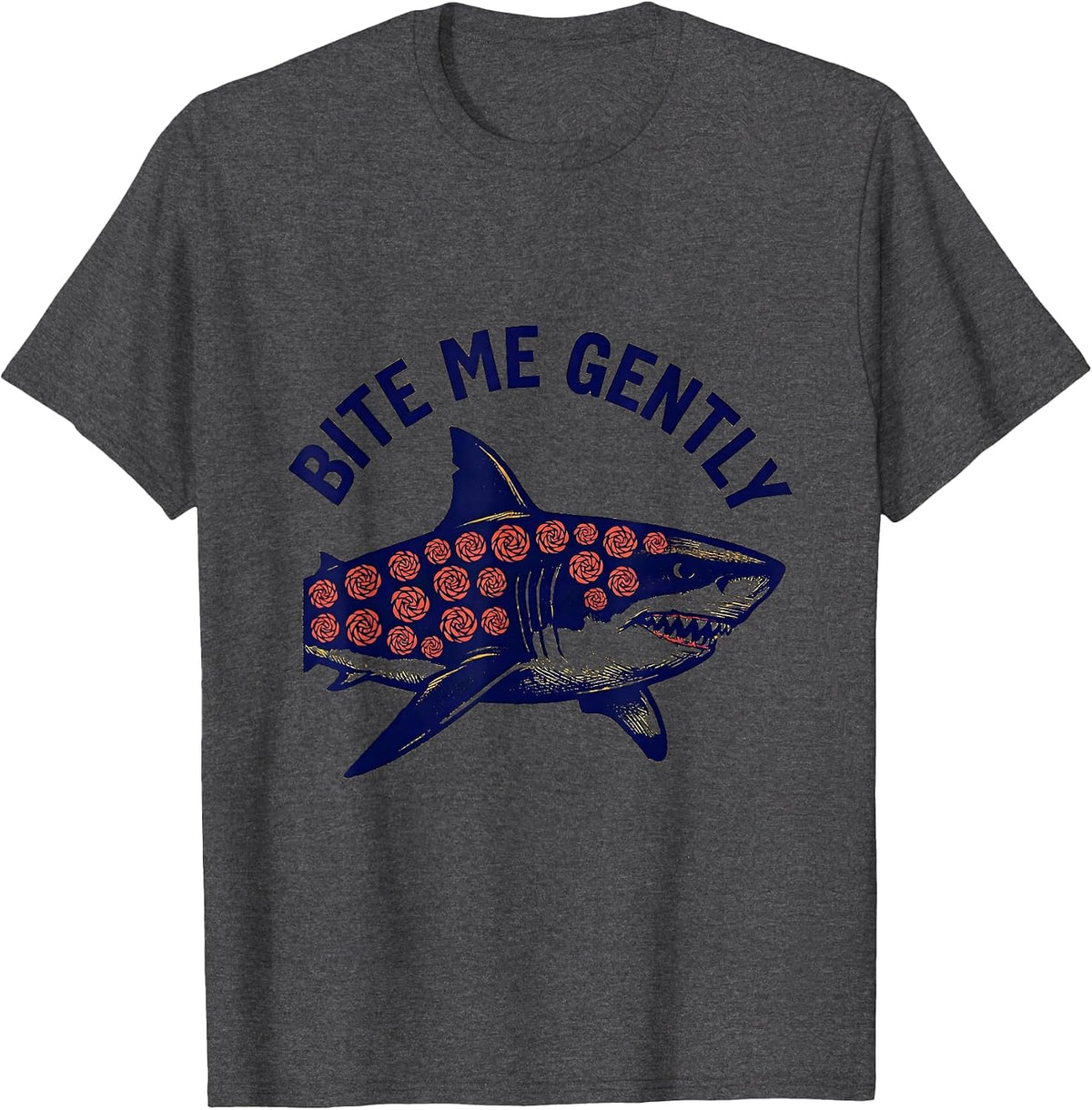Bite Me Gently Funny Shark Lover Ocean Wildlife Humor T-Shirt - Dark Heather Grey
