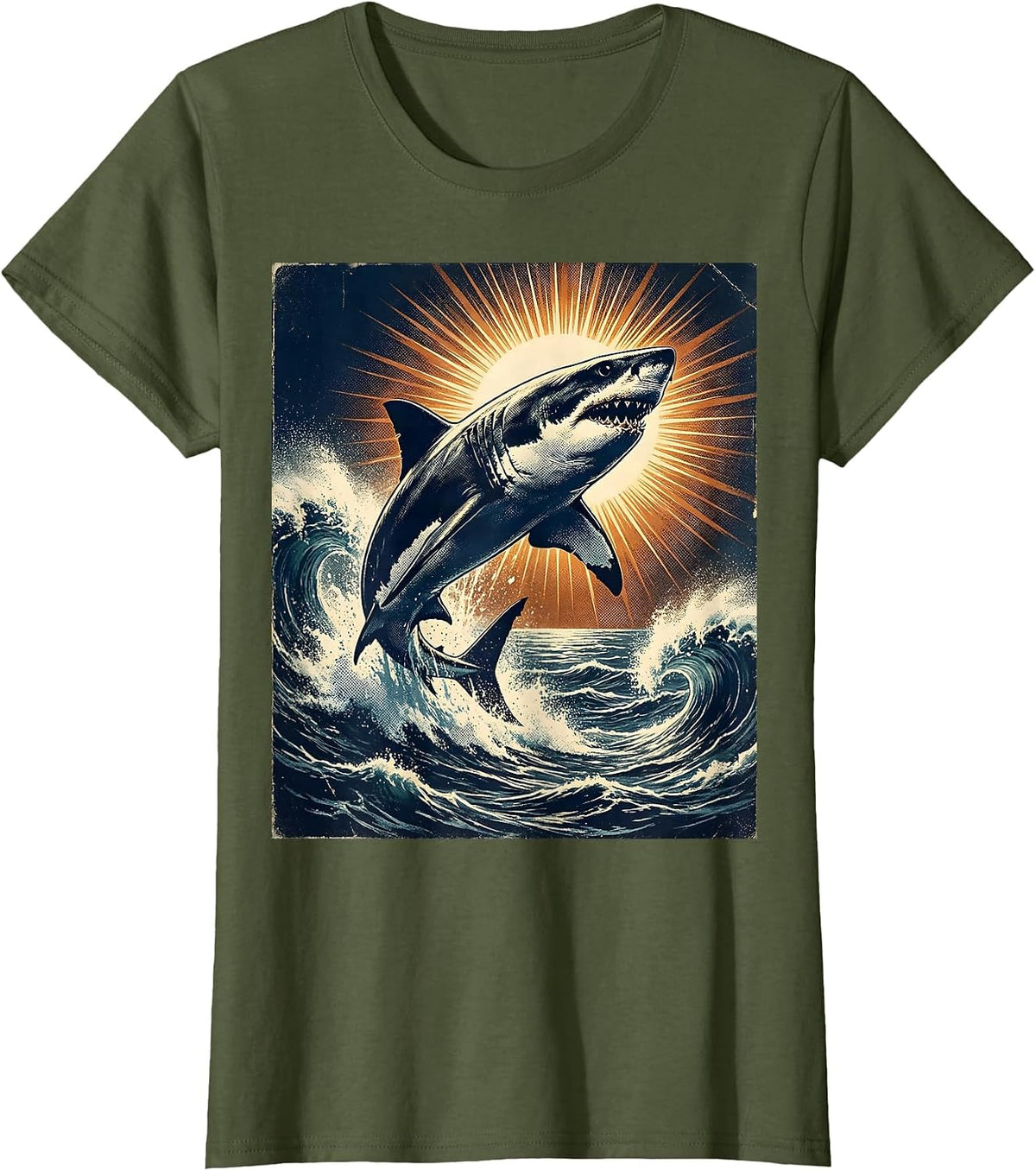 Women's Aloha Great White Shark Leaping Ocean Wave T-Shirt - Olive Green