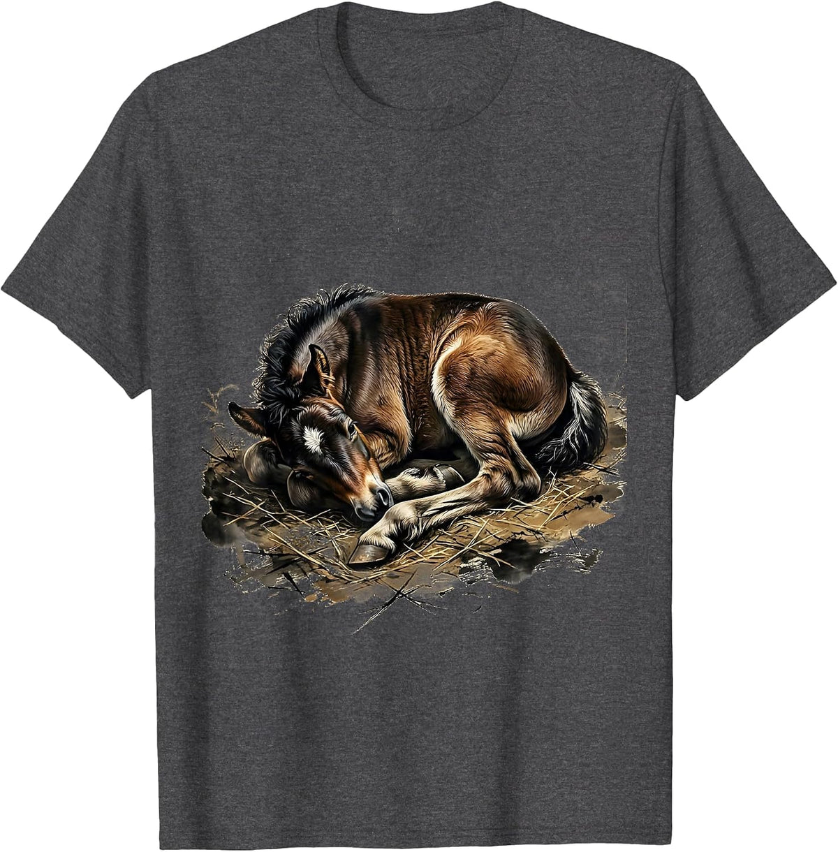 Sleeping Foal Curled Up in Hay Illustration T-Shirt - Dark Heather Grey