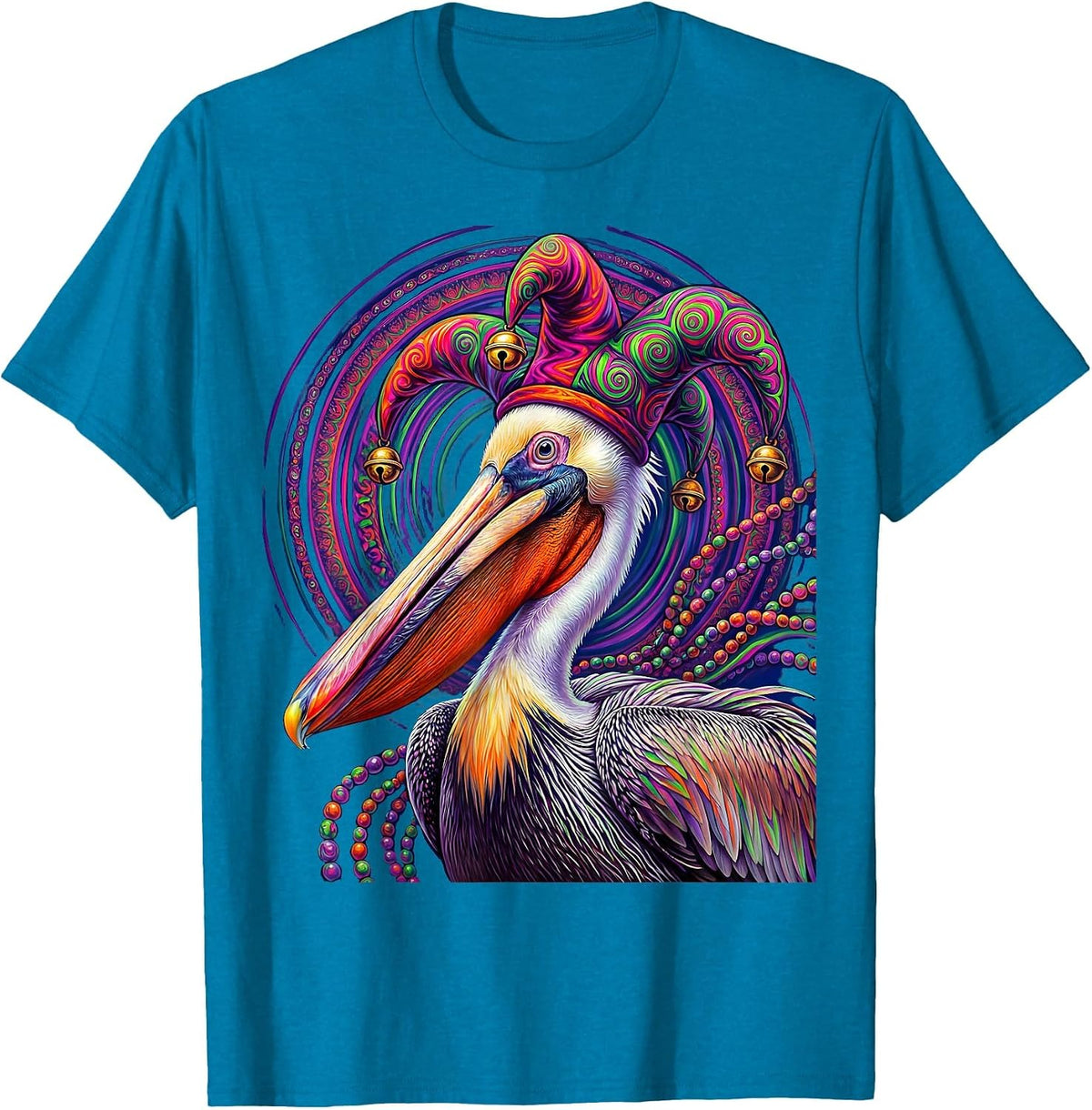 Mardi Gras Pelican Jester Hat and Beads Design T-Shirt - Sapphire Blue
