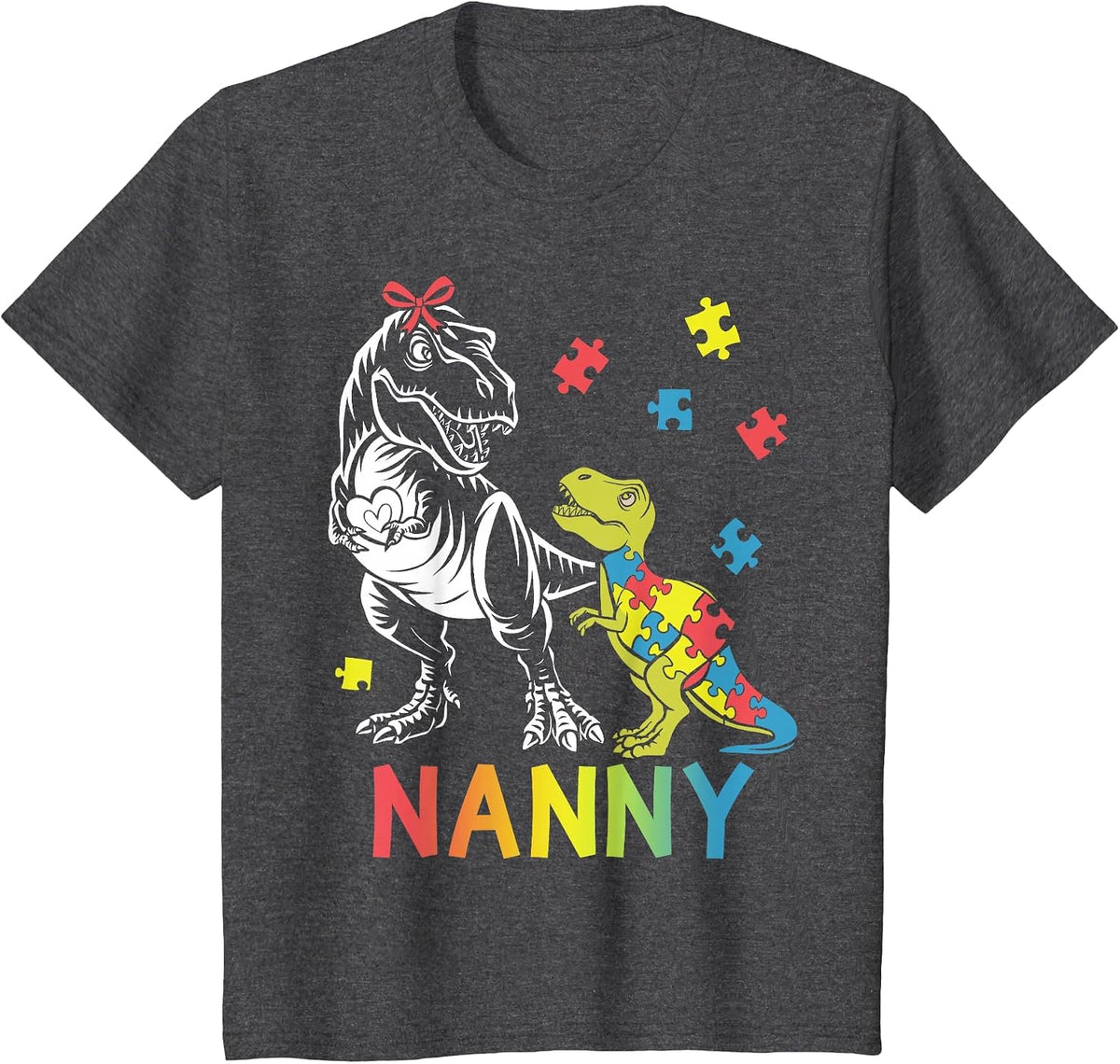 Nanny Saurus T Rex Autism Awareness Autistic Dinosaur Family T-Shirt - Dark Heather Grey