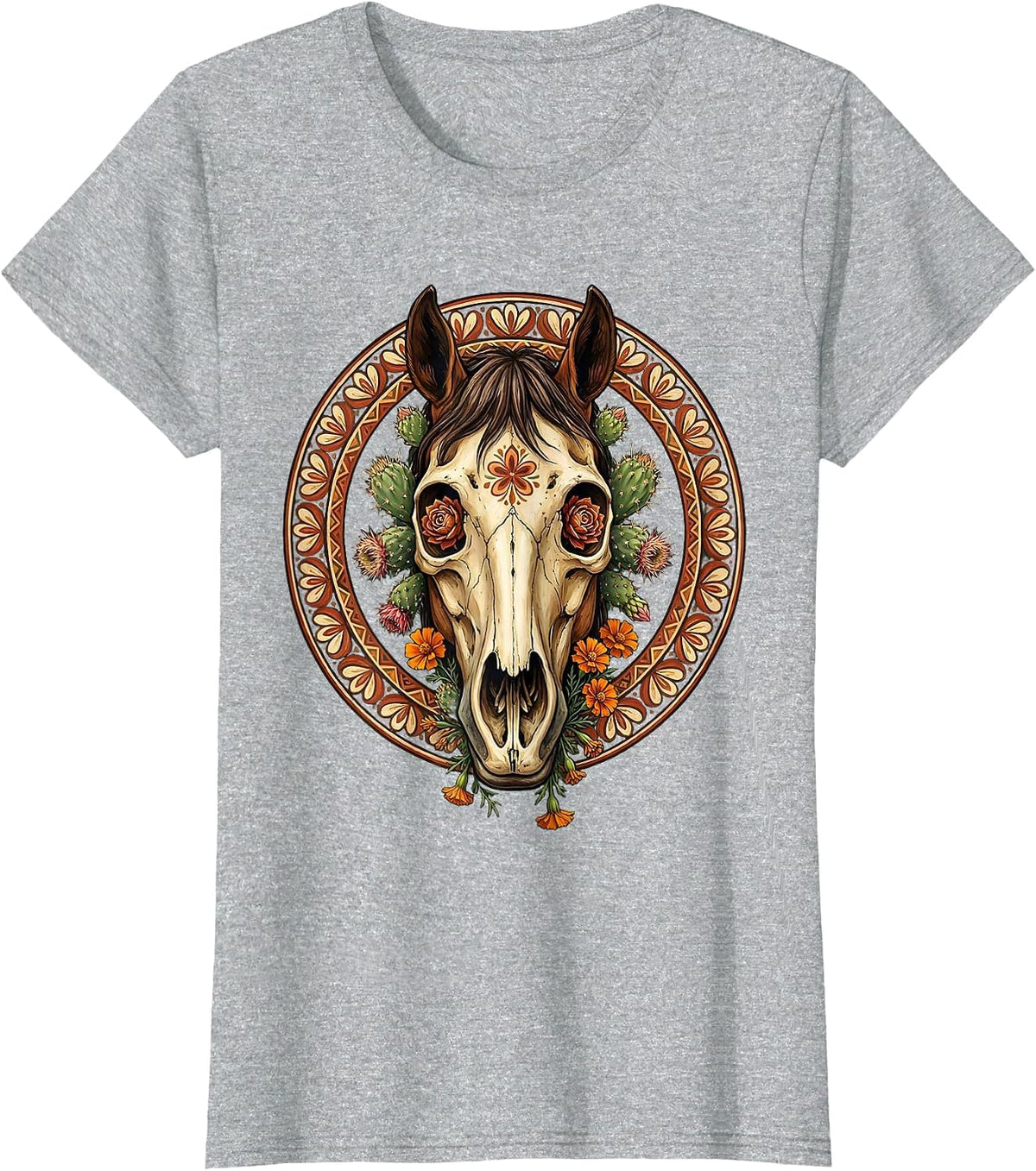 Women's Horse Skull Desert Flowers Cowgirl Graphic T-Shirt - Heather Grey