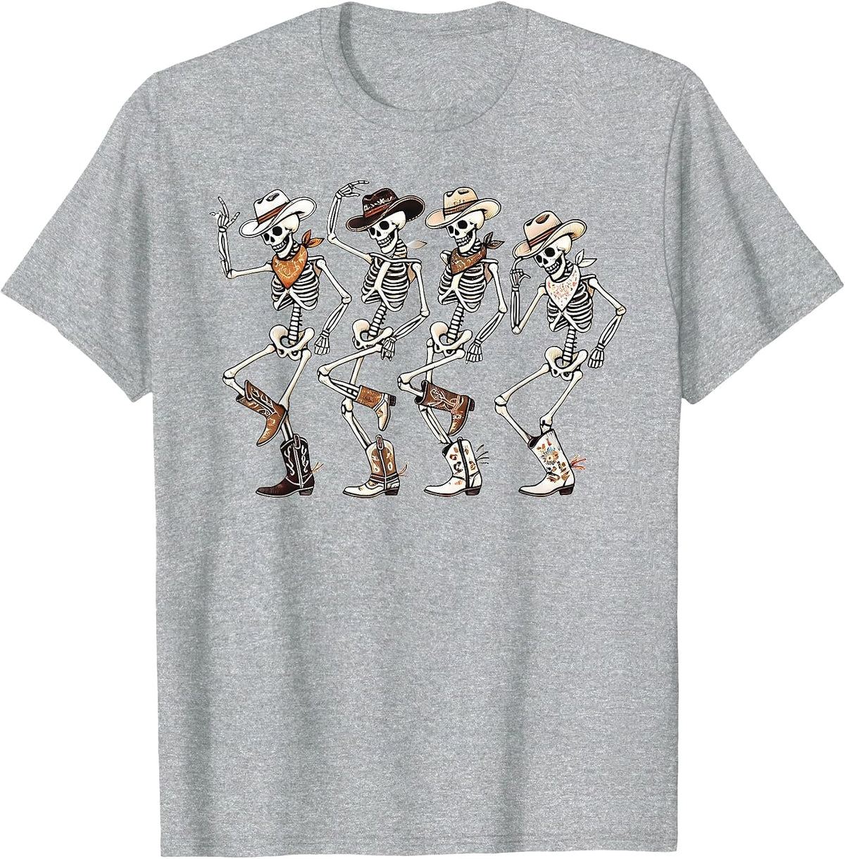 Dancing Skeleton Cowboys Western Country Rodeo Halloween Tees T-Shirts Men Women - Heather Grey