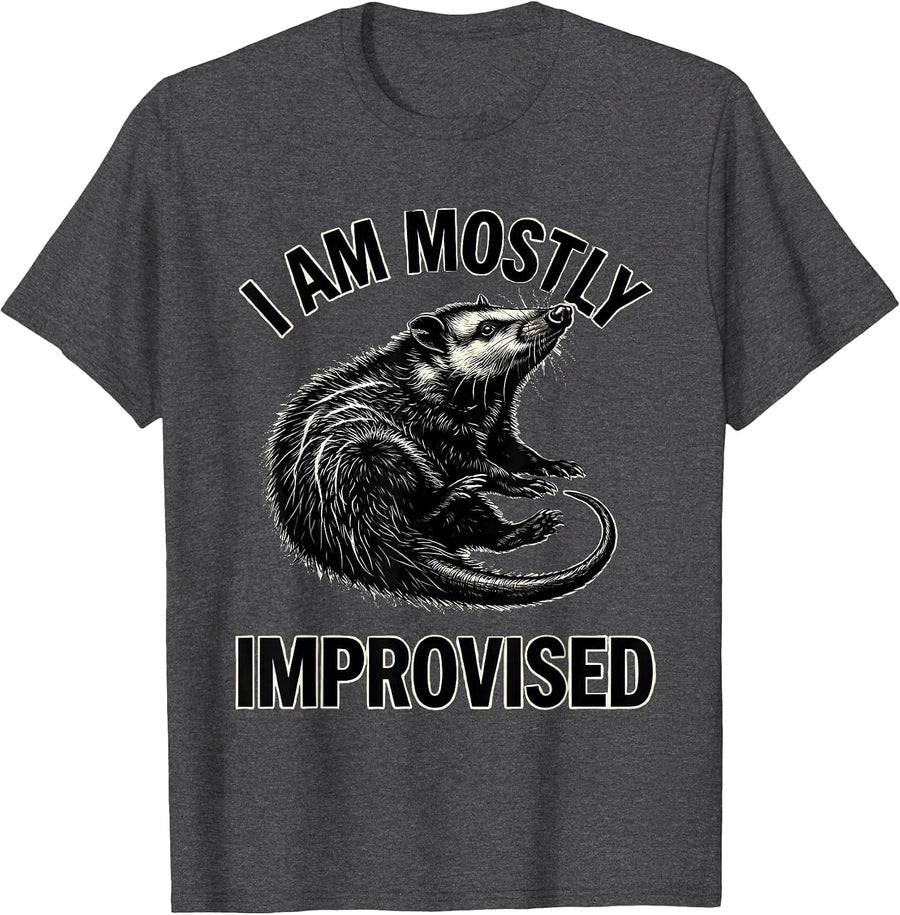Men's I Am Mostly Improvised Funny Opossum Meme Humor Gift T-Shirt - Dark Heather Grey